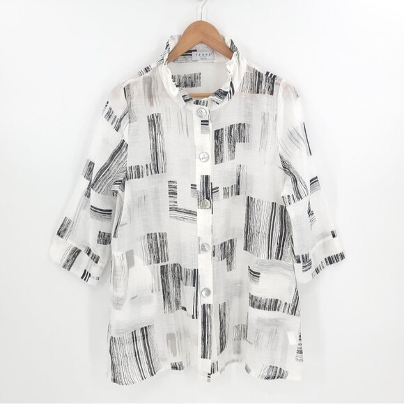 Terra SJ Apparel Lagenlook Button Up Top Tunic Pocket Abstract Print Art to Wear - Picture 1 of 13